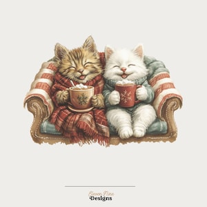 May include: A digital illustration of two happy kittens on a sofa, each holding a mug of hot chocolate. One kitten is wrapped in a red plaid scarf, the other in a blue sweater. The mugs have decorative designs. The image has the text "Eleven Nine Designs".