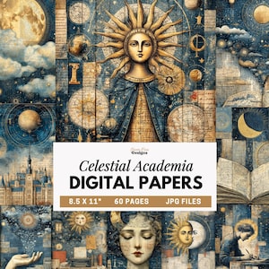 Pode incluir: Papéis digitais intitulados "Celestial Academia" com tema celestial. A imagem apresenta ilustrações do sol, da lua e das estrelas, com uma paleta de cores azul, dourado e creme. Os papéis têm 21,59 x 27,94 cm e incluem 60 páginas de arquivos JPG.