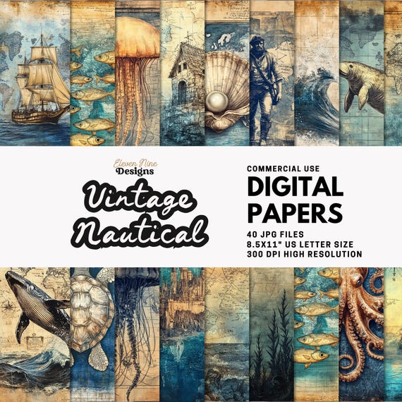 Vintage Nautical Digital Paper - Ocean Map Sea Life Background, Maritime Graphics, Underwater Scrapbook Ephemera JPG, Junk Journal Art