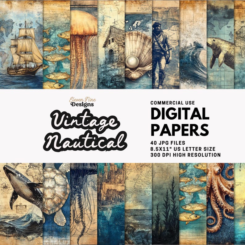 Vintage Nautical Digital Paper - Ocean Map Sea Life Background, Maritime Graphics, Underwater Scrapbook Ephemera JPG, Junk Journal Art image 1