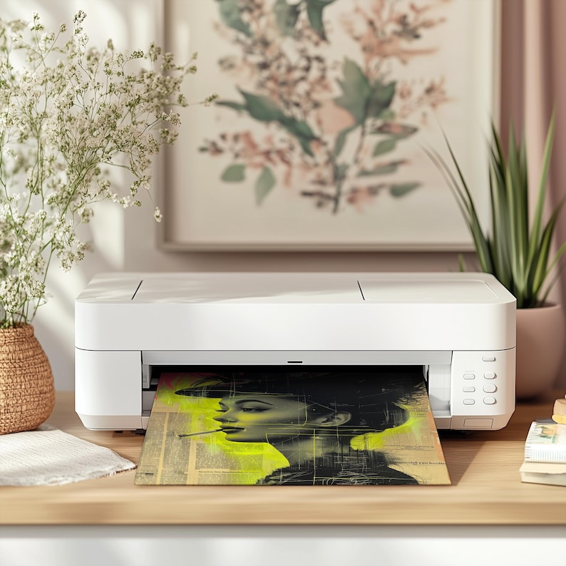 May include: A white printer with a black and white image of a woman with a cigarette in her mouth being printed. The image is on a yellow and white background.