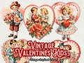 Vintage Valentines Kids Clipart, Retro Valentine PNG Images, Cute Children with Hearts and Roses, Vintage Love Digital Download