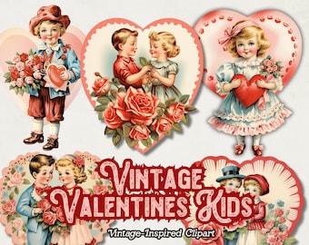 Vintage Valentines Kids Clipart, Retro Valentine PNG Images, Cute Children with Hearts and Roses, Vintage Love Digital Download