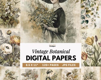 Vintage Botanical Digital Papers, Junk Journal Pages, Antique Floral Ephemera, Victorian Nature Backgrounds, Printable Scrapbook Art JPGs