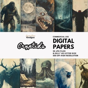 Cryptid Digital Paper Pack, Vintage Cryptid Ephemera, Cryptid Supernatural Junk Journal Pages, Mythical Creature, Bigfoot Mothman Art JPG