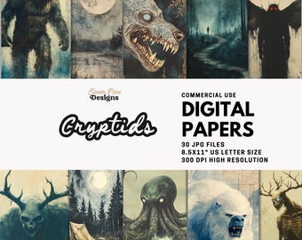 Cryptid Digital Paper Pack, Vintage Cryptid Ephemera, Cryptid Supernatural Junk Journal Pages, Mythical Creature, Bigfoot Mothman Art JPG