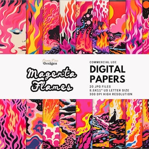 May include: 20 digital papers featuring abstract designs with magenta, pink, yellow, orange, and black flames. The papers are 8.5x11 inches and 300 DPI.