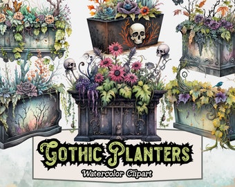 Gothic Planters Watercolor Clipart | Spooky Floral Digital Art | Haunted Garden Dark Academia Graphics | Fantasy Garden PNG