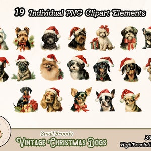 May include: Nineteen digital illustrations of various dog breeds wearing Santa hats. The dogs are all small breeds and are depicted in a vintage style. The illustrations are high resolution and perfect for crafting projects.