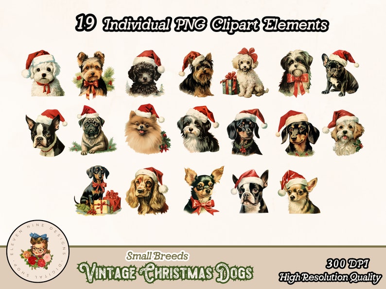 May include: Nineteen digital illustrations of various dog breeds wearing Santa hats. The dogs are all small breeds and are depicted in a vintage style. The illustrations are high resolution and perfect for crafting projects.