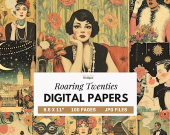 1920s Digital Paper Bundle, Roaring Twenties Flapper Girls, Art Deco Scrapbook Pages, Vintage Gatsby Junk Journal Papers, Floral Backgrounds