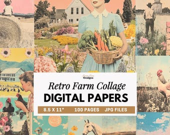 Retro Farm Collage Digital Paper, Vintage Farm Art, Vintage Pop Surrealism, Grunge Printable Junk Journal Ephemera, Vintage Portraits Photos