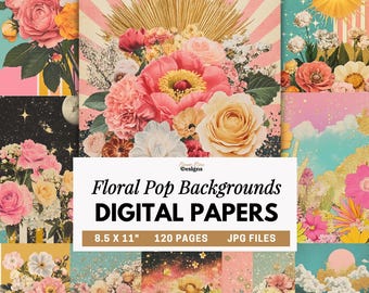 Floral Pop Digital Papers, Colorful Flower Collage Backgrounds, Retro Floral Junk Journal Pages, Pink Gold Teal Scrapbook Printable Bundle