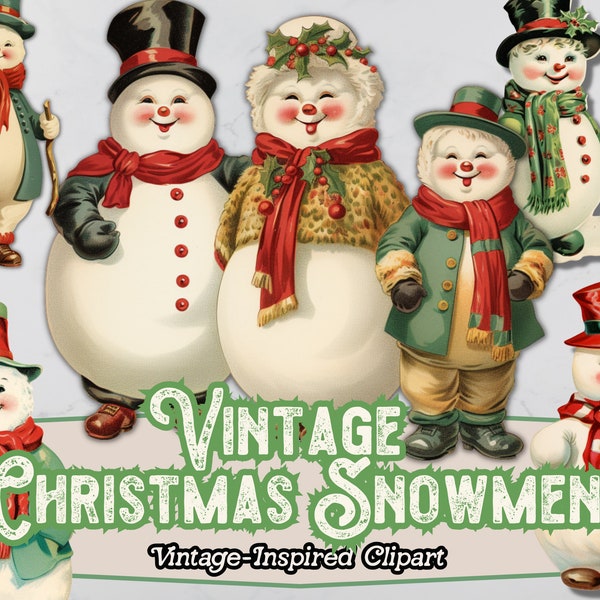 Christmas Snowmen Digital Clipart, Cute Snowmen Clipart PNG, Vintage Christmas Clipart, Vintage Snowman, Winter Snowmen, Snow Family