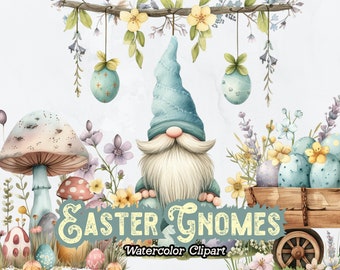 Watercolor Easter Gnome Clipart, Pastel Floral Easter Bunny PNG, Easter Flowers, Spring Easter Digital Clipart, Easter Eggs