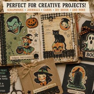 Puede incluir: Un conjunto de suministros para manualidades con tem&aacute;tica de Halloween que incluye pegatinas de un vampiro, una bruja, un gato negro sobre una calavera, un fantasma y una l&aacute;pida. El set incluye elementos de texto como 'happy halloween', 'spooky but sweet' y 'october vibes' sobre varios fondos de papel con detalles de encaje negro y cordel.