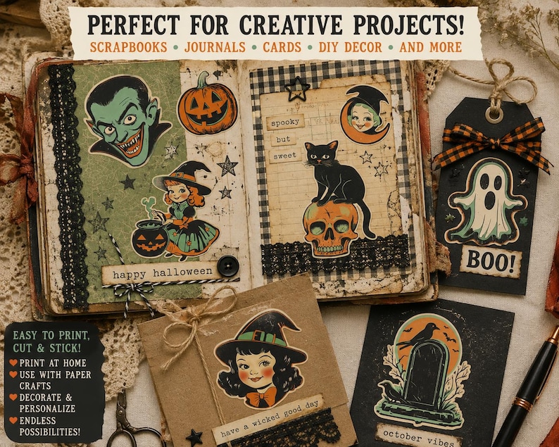Puede incluir: Un conjunto de suministros para manualidades con tem&aacute;tica de Halloween que incluye pegatinas de un vampiro, una bruja, un gato negro sobre una calavera, un fantasma y una l&aacute;pida. El set incluye elementos de texto como 'happy halloween', 'spooky but sweet' y 'october vibes' sobre varios fondos de papel con detalles de encaje negro y cordel.