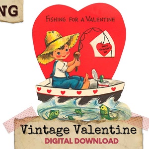 Pesca de San Valentín, San Valentín retro, PNG de pesca, Clipart retro, Descarga digital de San Valentín, Niño pescador de San Valentín vintage PNG