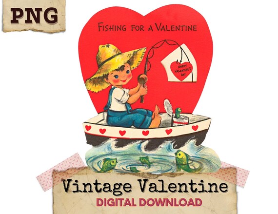 Fishing Valentines, Retro Valentines, Fishing PNG, Retro Clipart