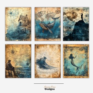 May include: Set of six vintage-style prints featuring nautical themes. The prints include a lighthouse, a whale, a mountain, a wave, a mermaid, and a compass.