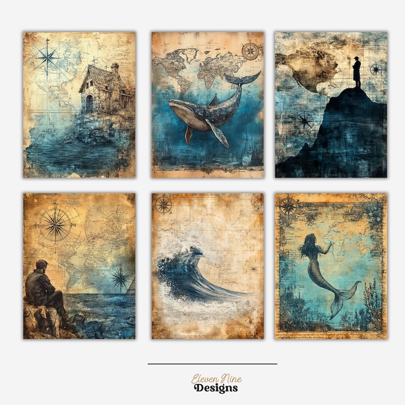 May include: Set of six vintage-style prints featuring nautical themes. The prints include a lighthouse, a whale, a mountain, a wave, a mermaid, and a compass.