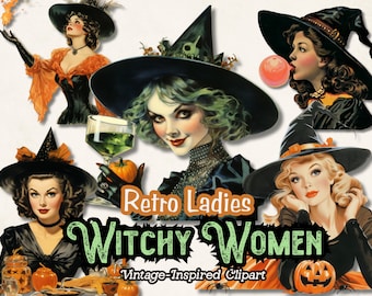 Retro Vintage 1950s Clipart, Halloween Witch Housewife Clipart PNG, Muñeca de papel PNG, Diarios de Scrapbooking, Descarga digital, Brujería