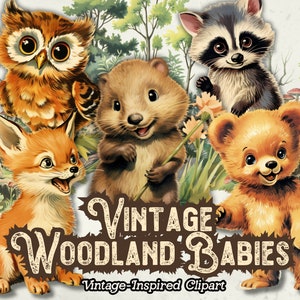 Woodland bébés animaux Clipart PNG, décoration de chambre d'enfant forêt, téléchargement numérique, art animaux mignons, graphismes baby shower, bébé cerf renard hibou élan