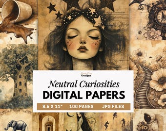 Neutral Curiosities Digital Papers, Quirky Printable Art, Junk Journal Pages, Fantasy Collage Backgrounds, Whimsical Surreal Artwork