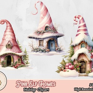 May include: Three pink and white elf houses with candy cane roofs and snow covered details. The houses have windows, doors, and snow-covered roofs. The houses are decorated with holly and berries.