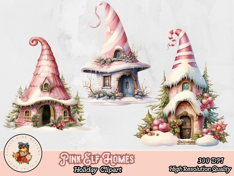 May include: Three pink and white elf houses with candy cane roofs and snow covered details. The houses have windows, doors, and snow-covered roofs. The houses are decorated with holly and berries.