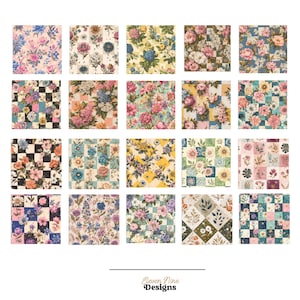 Pu&ograve; includere: Una collezione di venti campioni di tessuto floreale con vari disegni. I motivi presentano rose, margherite e altri fiori in tonalit&agrave; rosa, blu, giallo e verde. Alcuni campioni hanno sfondi a scacchi. Il testo "Eleven Nine Designs" &egrave; in basso.
