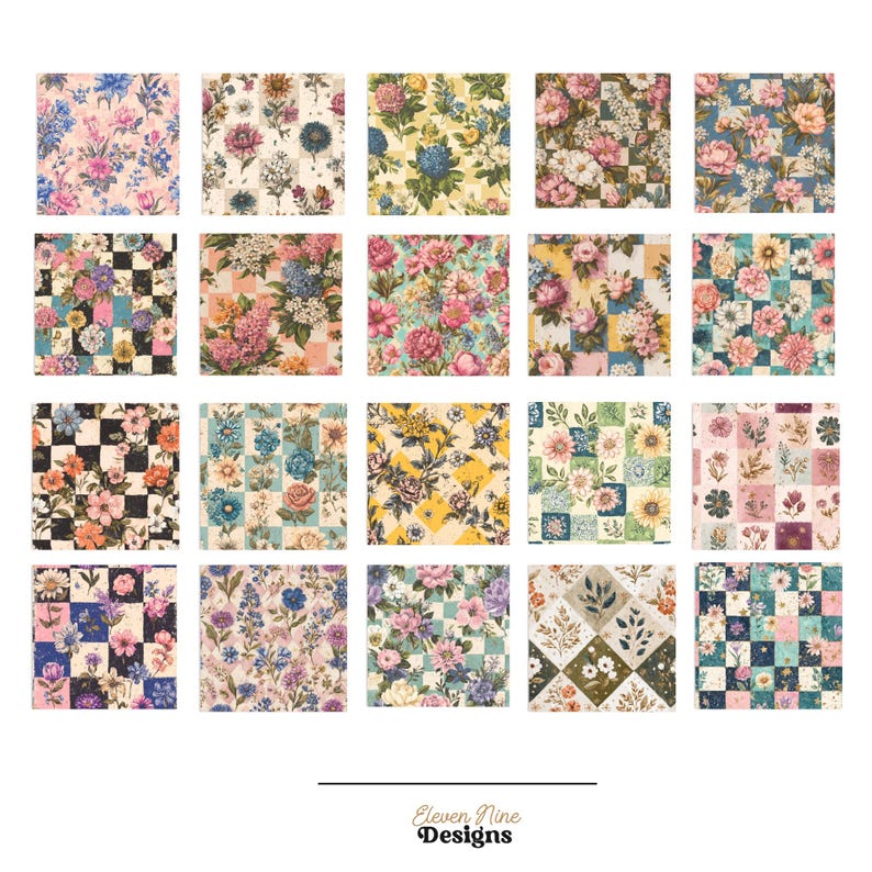 Pu&ograve; includere: Una collezione di venti campioni di tessuto floreale con vari disegni. I motivi presentano rose, margherite e altri fiori in tonalit&agrave; rosa, blu, giallo e verde. Alcuni campioni hanno sfondi a scacchi. Il testo "Eleven Nine Designs" &egrave; in basso.