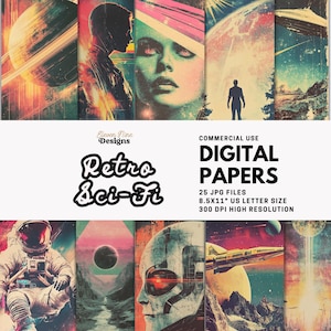 Retro Sci-Fi Digitales Papier | Vintage Weltraum, Astronauten, Planeten, Außerirdische, Galaxy JPG, Sci-Fi druckbare Kunst, Collage Hintergründe, Mixed Media