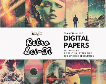 Retro Sci-Fi Digital Paper | Vintage Space, Astronauts, Planets, Aliens, Galaxy JPG, Sci-Fi Printable Art, Collage Backgrounds, Mixed Media