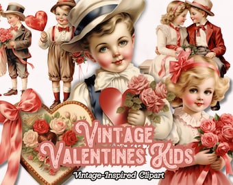 May include: Vintage Valentine's Day clip art featuring children holding roses and hearts. The image includes a boy wearing a top hat and a girl wearing a pink dress. The text "Vintage Valentines Kids" is displayed in pink.