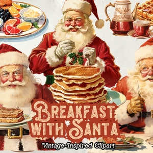 Breakfast with Santa Digital Clipart, Santa Claus Breakfast Graphics, Christmas Morning, Santa Claus Images, Vintage Santa PNG, Xmas Food