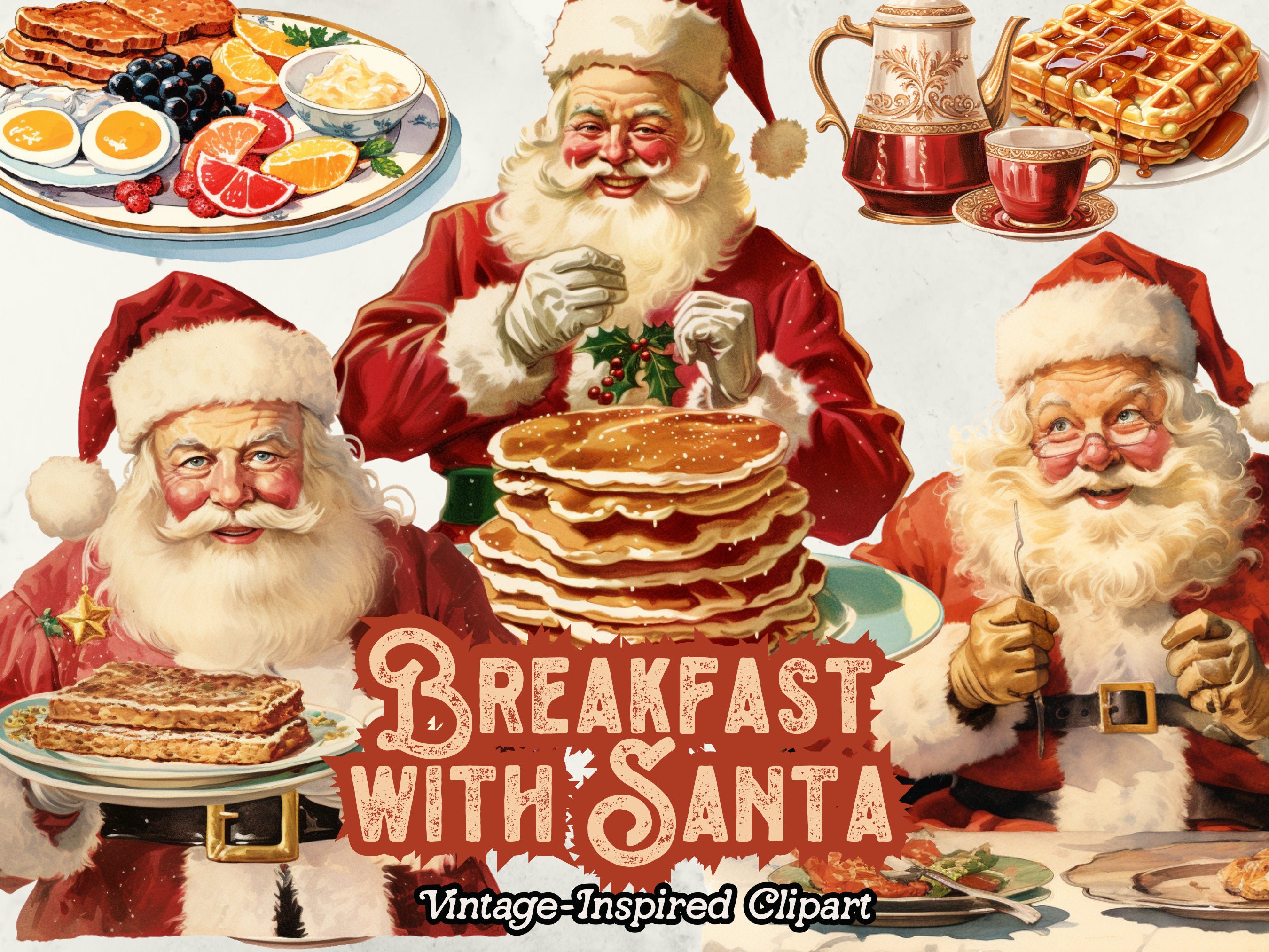 Colazione con Babbo Natale Clipart digitale, grafica colazione di Babbo Natale, mattina di Natale, immagini di Babbo Natale, PNG di Babbo Natale vintage, cibo di Natale