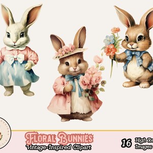 May include: Three vintage-inspired illustrations of bunnies holding bouquets of flowers. The bunnies are wearing clothing and have a whimsical, cartoon-like style. The flowers are pink, blue, and white.