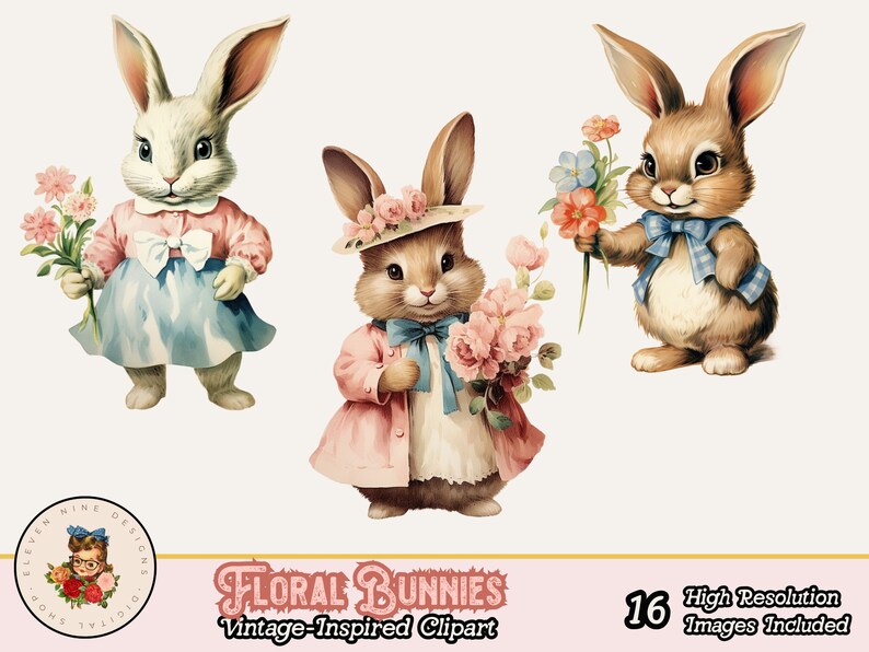 May include: Three vintage-inspired illustrations of bunnies holding bouquets of flowers. The bunnies are wearing clothing and have a whimsical, cartoon-like style. The flowers are pink, blue, and white.