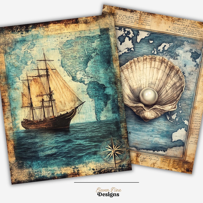 May include: Two vintage-style images with a nautical theme. The first image shows a ship sailing on a blue ocean with a world map in the background. The second image shows a seashell with a pearl inside on a blue world map.