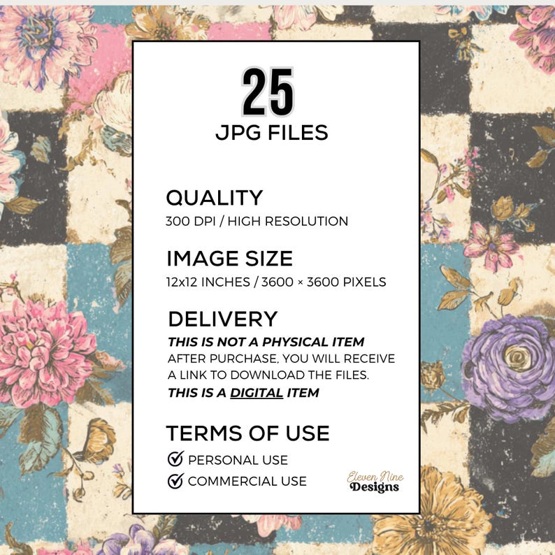 Pu&ograve; includere: Prodotto di design grafico scaricabile digitalmente con il testo "25 JPG FILES". L'immagine include dettagli sulla qualit&agrave; dell'immagine, le dimensioni (30,48 x 30,48 cm) e i termini di utilizzo. Lo sfondo presenta un motivo floreale con colori rosa, blu e crema.