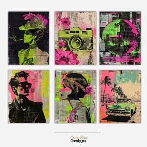 May include: A set of six colorful abstract art prints featuring a woman in a hat, a camera, a disco ball, a man with sunglasses, a woman with a headband, and a vintage car. The prints are on a textured background with a newspaper-like pattern.