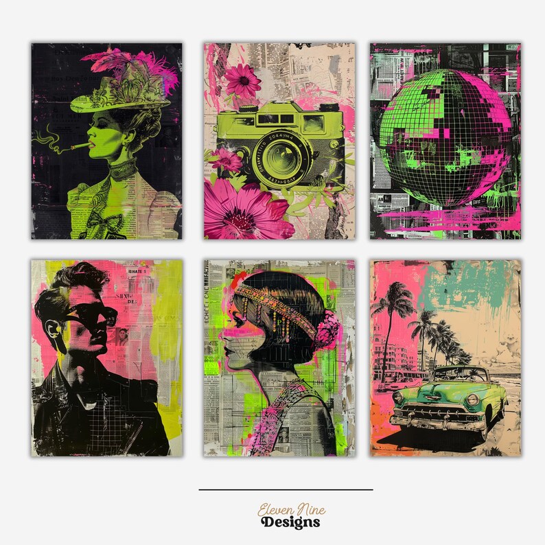 May include: A set of six colorful abstract art prints featuring a woman in a hat, a camera, a disco ball, a man with sunglasses, a woman with a headband, and a vintage car. The prints are on a textured background with a newspaper-like pattern.