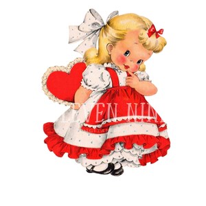 May include: Vintage illustration of a young girl with blonde hair, wearing a red and white dress and holding a red heart. The girl has rosy cheeks and a thoughtful expression. The image has a retro, Valentine's Day theme.