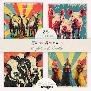 Paquete de arte digital de animales de granja retro: impresiones coloridas de vaca, cerdo, cabra, pollo y caballo / Estilo pop art / 25 archivos JPG digitales / Arte mural