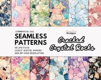Cracked Crystal Digital Paper, Seamless Gemstone Rock Textures, 12x12 Abstract Backgrounds, Printable Glass Patterns for POD, Crafts, JPG