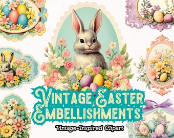 Vintage Easter Embellishments, Pastel Easter Stickers, Vintage Easter Clipart, for Junk Journals, Paper Crafts, Vintage Decoration
