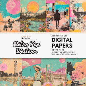 May include: A set of digital papers with a retro pop western theme. The papers feature illustrations of cowboys, landscapes, and vintage elements. The text on the image reads "Retro Pop Western" and "Digital Papers". The papers are 21.6 x 27.9 cm.