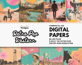 Papel digital retrô pop ocidental, colagem de cowgirl cowboy, fundos surreais, estampas vintage rosa-petróleo para diários de sucata, álbuns de recortes