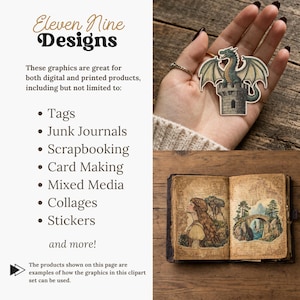 Pu&ograve; includere: Un'immagine che mostra grafica digitale con il testo "Eleven Nine Designs". L'immagine include esempi di come la grafica pu&ograve; essere utilizzata, come tag, junk journal, scrapbooking, creazione di biglietti, mixed media, collage e adesivi. Un adesivo a forma di drago &egrave; tenuto in mano e viene visualizzato un libro aperto.